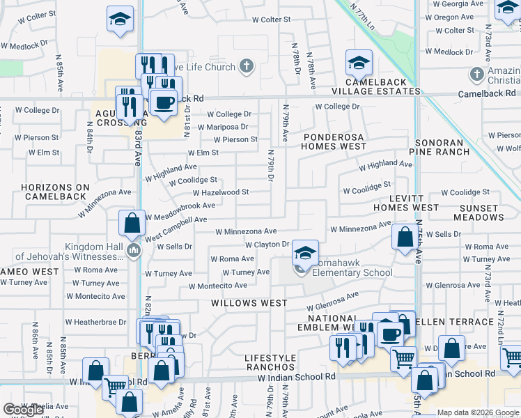 map of restaurants, bars, coffee shops, grocery stores, and more near 7931 West Campbell Avenue in Phoenix