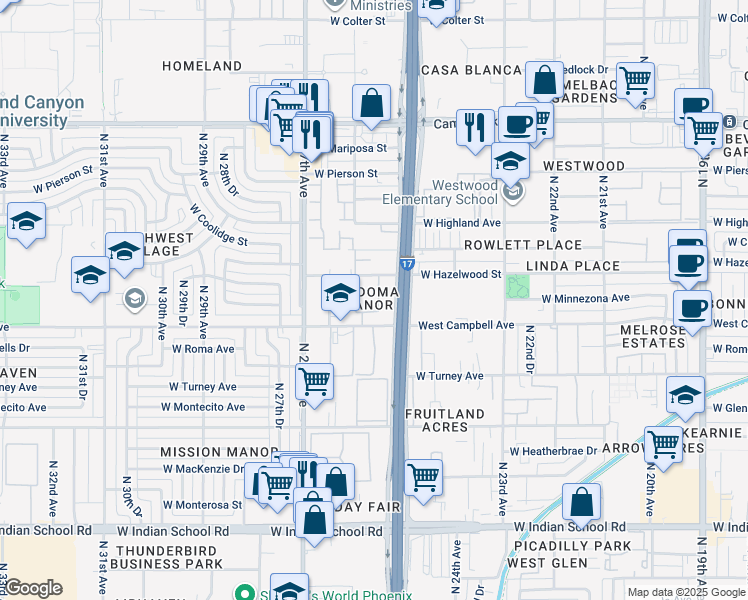 map of restaurants, bars, coffee shops, grocery stores, and more near 2544 West Campbell Avenue in Phoenix