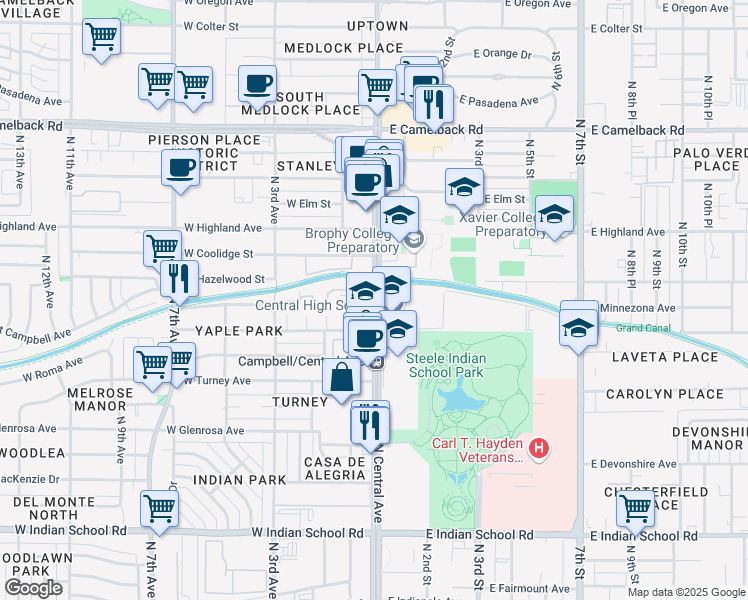 map of restaurants, bars, coffee shops, grocery stores, and more near 4570 North Central Avenue in Phoenix