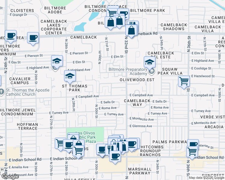 map of restaurants, bars, coffee shops, grocery stores, and more near 3041 East Campbell Avenue in Phoenix