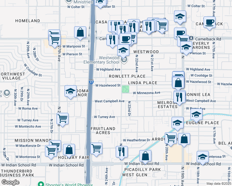 map of restaurants, bars, coffee shops, grocery stores, and more near 4530 North 23rd Avenue in Phoenix