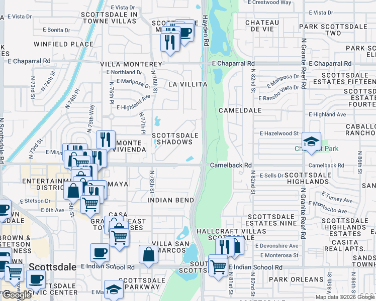 map of restaurants, bars, coffee shops, grocery stores, and more near 7910 East Camelback Road in Scottsdale