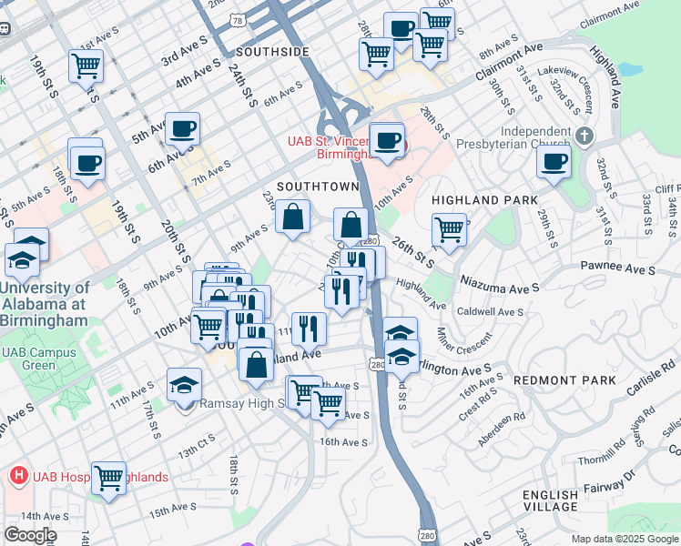 map of restaurants, bars, coffee shops, grocery stores, and more near 1109 22nd Street South in Birmingham