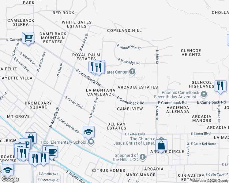 map of restaurants, bars, coffee shops, grocery stores, and more near 5320 East Camelback Road in Phoenix