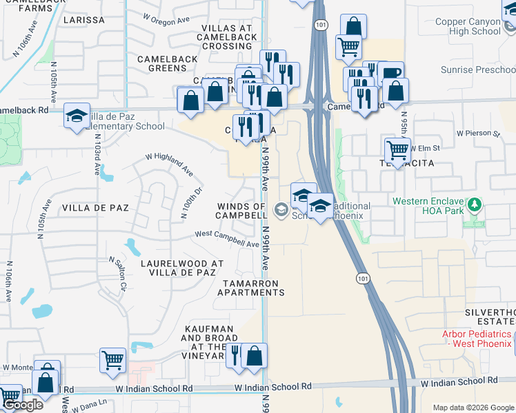 map of restaurants, bars, coffee shops, grocery stores, and more near 9922 West Calle Encorvada in Phoenix