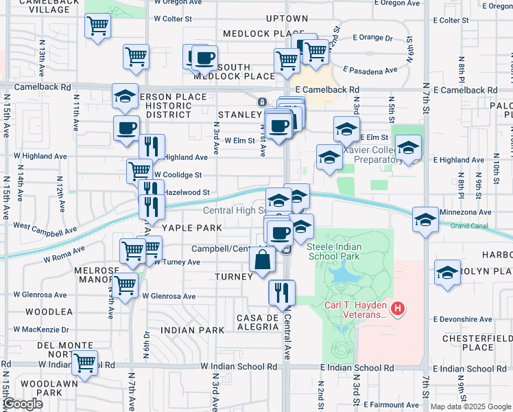 map of restaurants, bars, coffee shops, grocery stores, and more near 10 West Minnezona Avenue in Phoenix