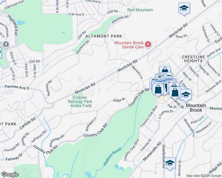 map of restaurants, bars, coffee shops, grocery stores, and more near 28 Ridge Drive in Birmingham
