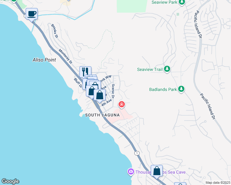map of restaurants, bars, coffee shops, grocery stores, and more near 31652 Scenic Drive in Laguna Beach
