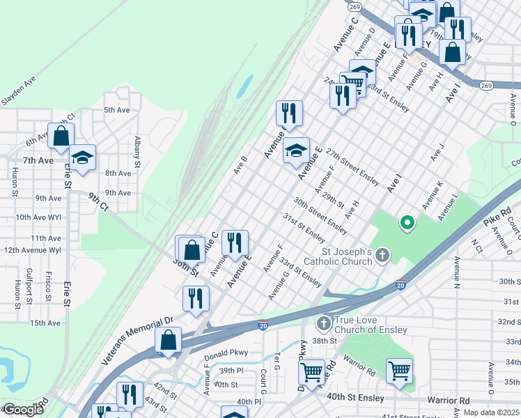 map of restaurants, bars, coffee shops, grocery stores, and more near 3111 Avenue D in Birmingham