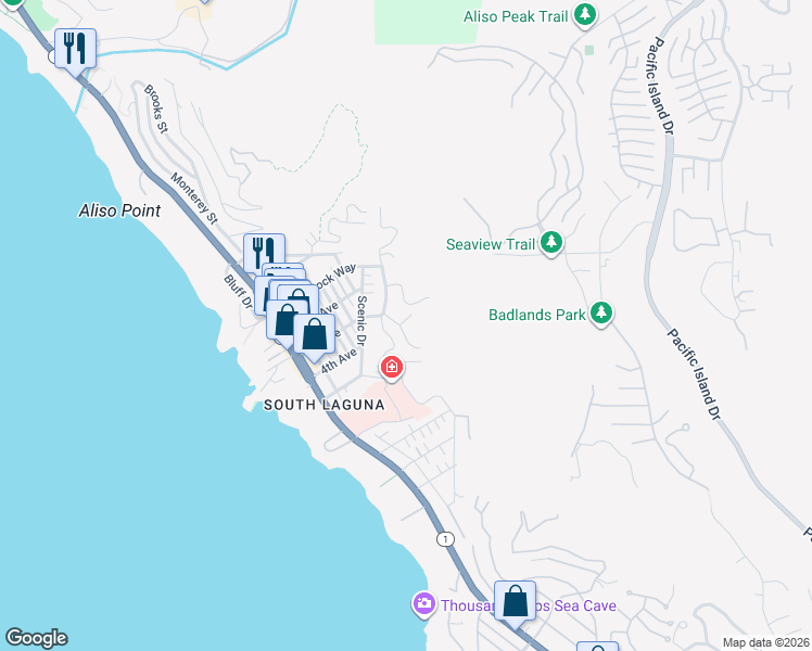 map of restaurants, bars, coffee shops, grocery stores, and more near 22311 3rd Avenue in Laguna Beach