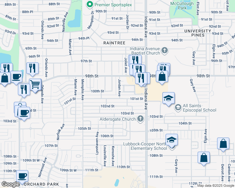 map of restaurants, bars, coffee shops, grocery stores, and more near 3513 101st Street in Lubbock