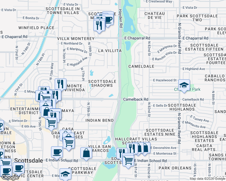 map of restaurants, bars, coffee shops, grocery stores, and more near in Scottsdale