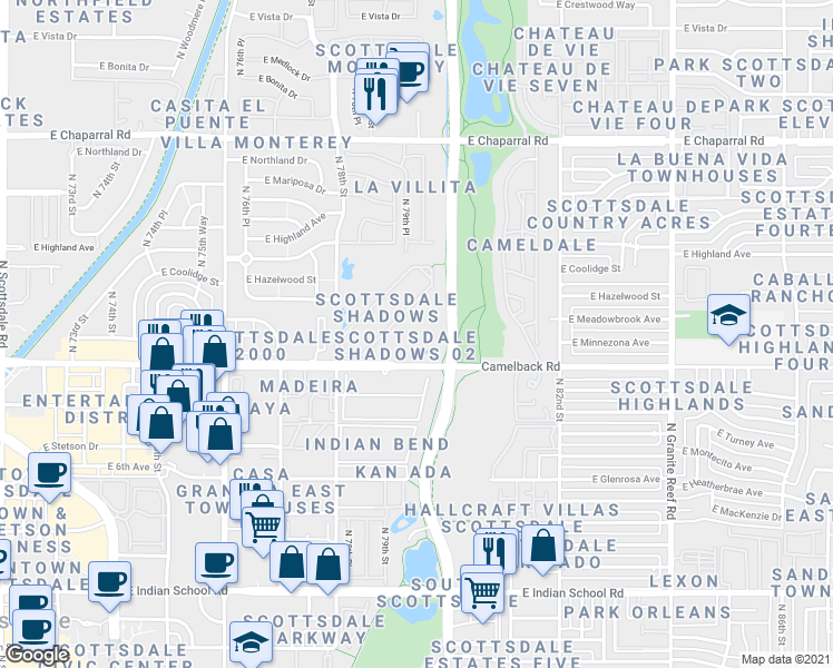 map of restaurants, bars, coffee shops, grocery stores, and more near 7910 East Camelback Road in Scottsdale