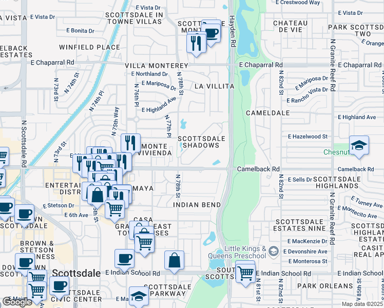 map of restaurants, bars, coffee shops, grocery stores, and more near Camelback Road in Scottsdale