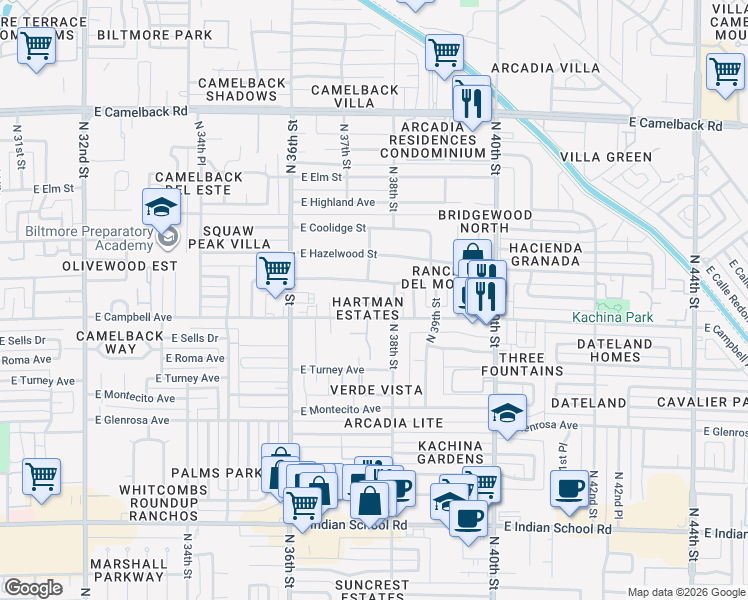 map of restaurants, bars, coffee shops, grocery stores, and more near 3728 East Campbell Avenue in Phoenix