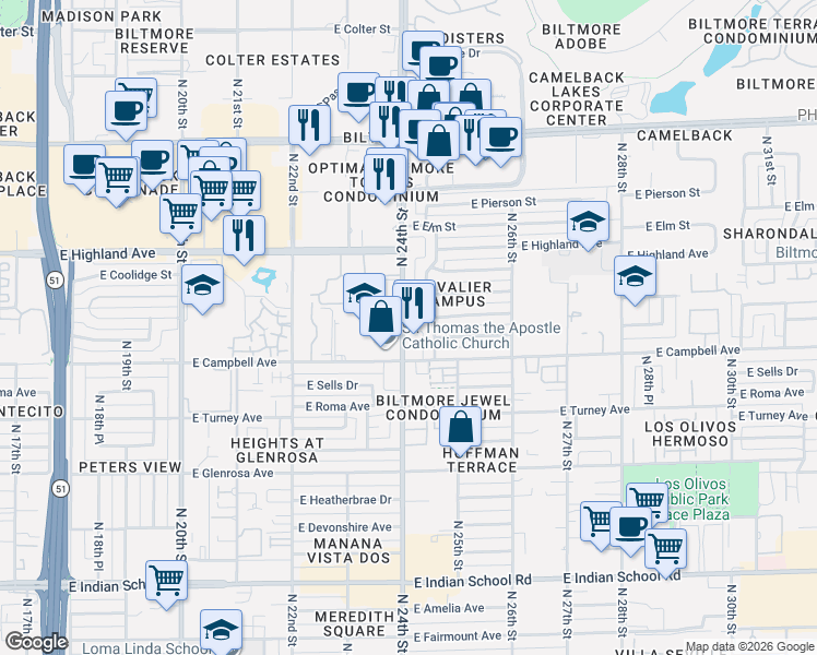 map of restaurants, bars, coffee shops, grocery stores, and more near 4500-4504 North 24th Street in Phoenix