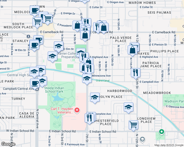 map of restaurants, bars, coffee shops, grocery stores, and more near 4511 North 8th Street in Phoenix
