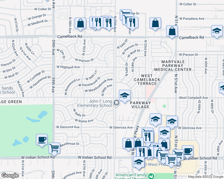 map of restaurants, bars, coffee shops, grocery stores, and more near in Phoenix