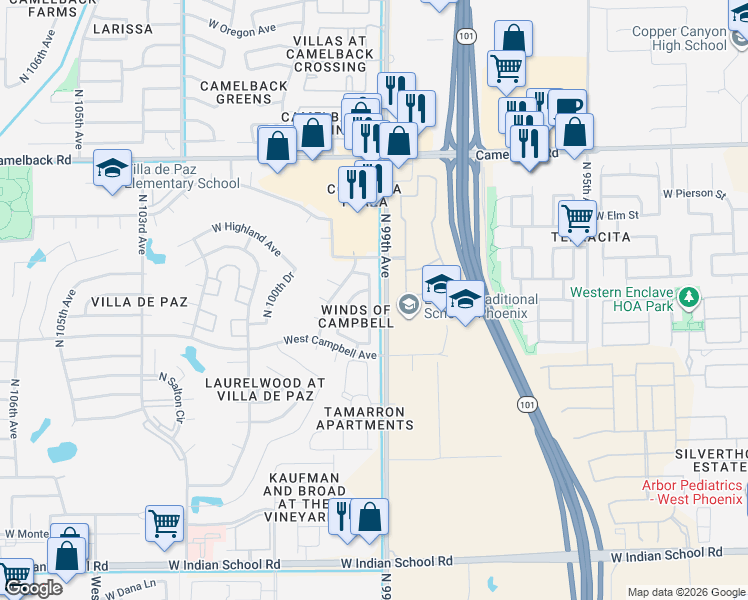 map of restaurants, bars, coffee shops, grocery stores, and more near 9922 West Calle Encorvada in Phoenix