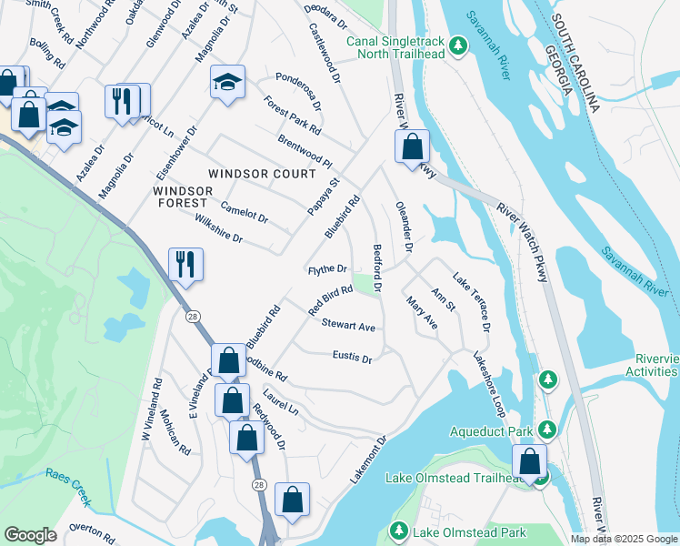 map of restaurants, bars, coffee shops, grocery stores, and more near 1027 Redbird Road in Augusta