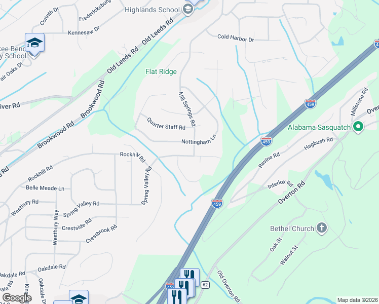 map of restaurants, bars, coffee shops, grocery stores, and more near 3913 Spring Valley Road in Birmingham