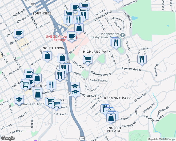 map of restaurants, bars, coffee shops, grocery stores, and more near 2545 Highland Avenue in Birmingham