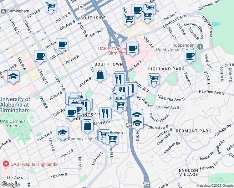 map of restaurants, bars, coffee shops, grocery stores, and more near 1109 22nd Street South in Birmingham