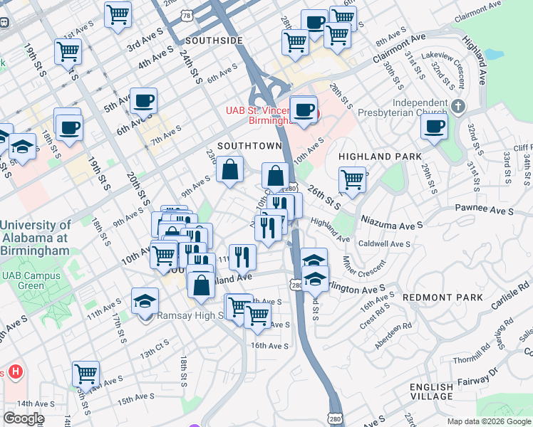 map of restaurants, bars, coffee shops, grocery stores, and more near 1109 22nd Street South in Birmingham