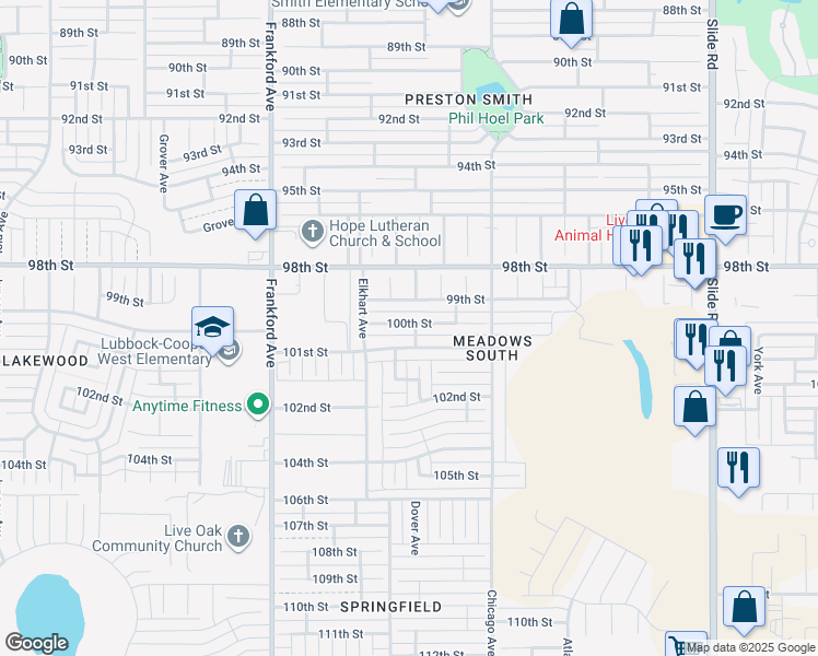 map of restaurants, bars, coffee shops, grocery stores, and more near 5529 101st Street in Lubbock