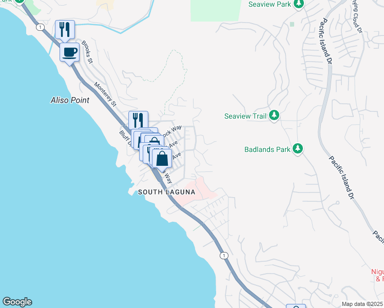 map of restaurants, bars, coffee shops, grocery stores, and more near 31641 Mar Vista Avenue in Laguna Beach
