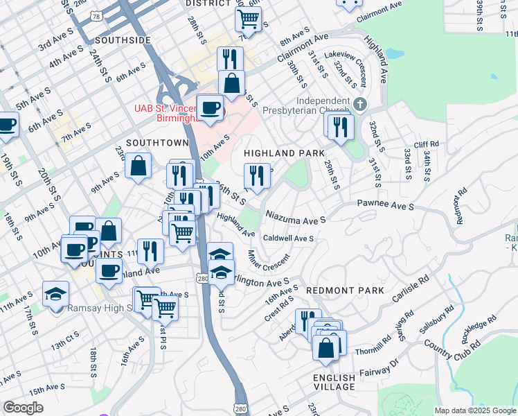 map of restaurants, bars, coffee shops, grocery stores, and more near 2600 Highland Avenue in Birmingham