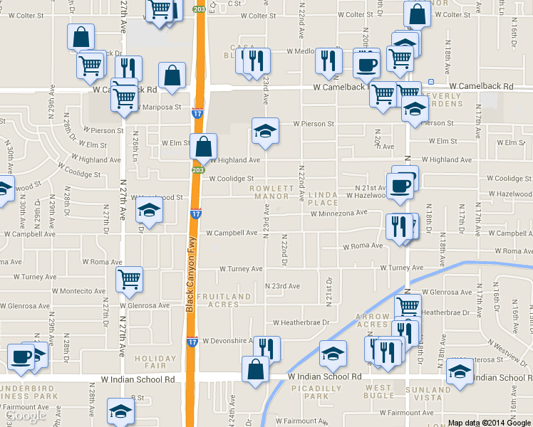map of restaurants, bars, coffee shops, grocery stores, and more near 4503 North 23rd Avenue in Phoenix