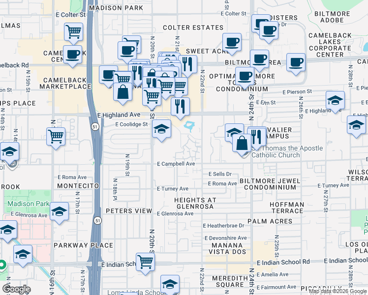 map of restaurants, bars, coffee shops, grocery stores, and more near Unnamed Road in Phoenix