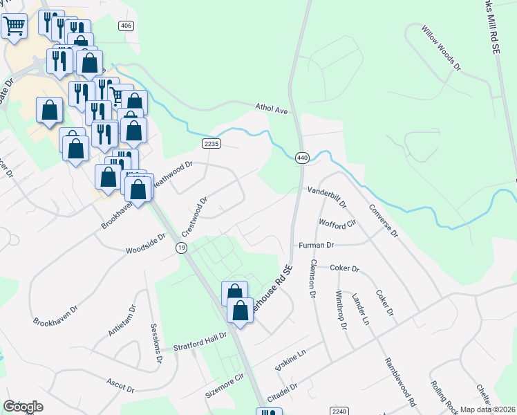 map of restaurants, bars, coffee shops, grocery stores, and more near 545 Reading Court in Aiken
