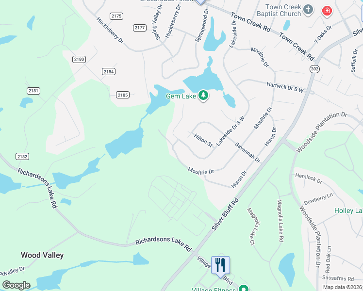 map of restaurants, bars, coffee shops, grocery stores, and more near 1085 Moultrie Drive in Aiken