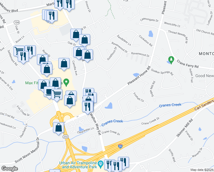 map of restaurants, bars, coffee shops, grocery stores, and more near 2321 Greengate Drive in Augusta
