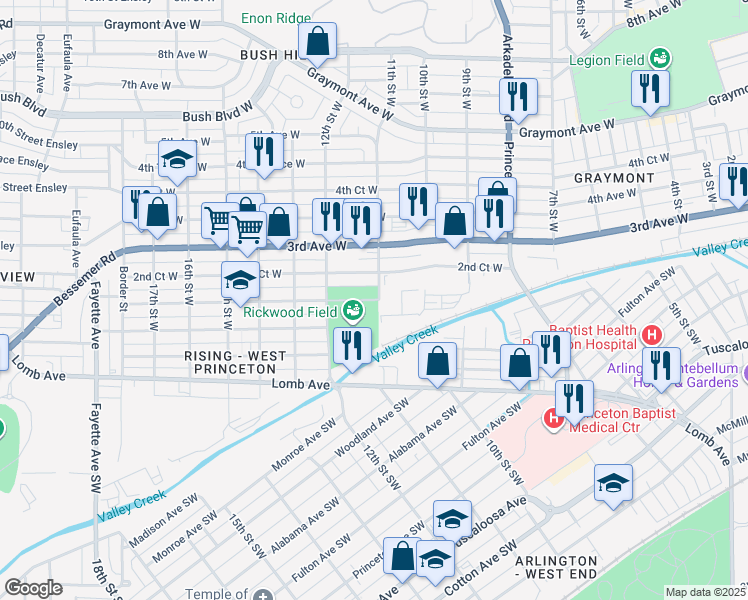 map of restaurants, bars, coffee shops, grocery stores, and more near 1101 2nd Avenue West in Birmingham
