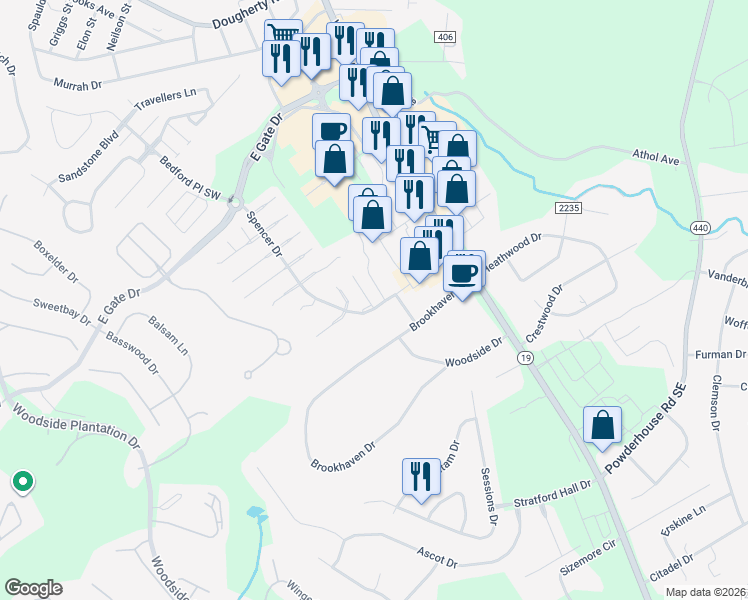 map of restaurants, bars, coffee shops, grocery stores, and more near 1005 Brookhaven Drive in Aiken
