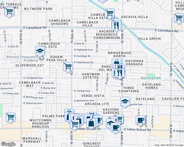 map of restaurants, bars, coffee shops, grocery stores, and more near 3728 East Campbell Avenue in Phoenix
