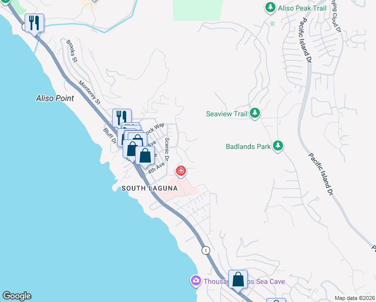 map of restaurants, bars, coffee shops, grocery stores, and more near 22311 3rd Avenue in Laguna Beach