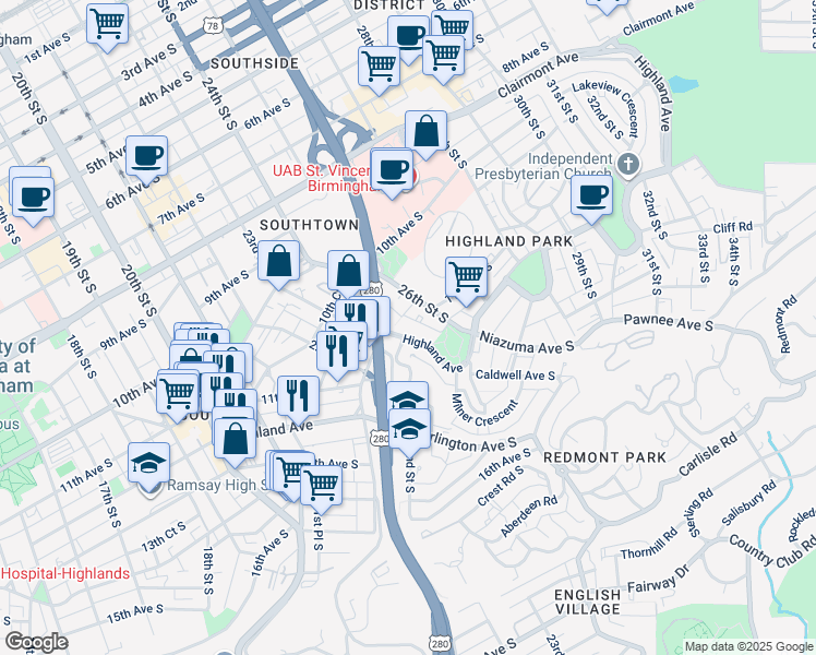 map of restaurants, bars, coffee shops, grocery stores, and more near 2312 Highland Avenue in Birmingham