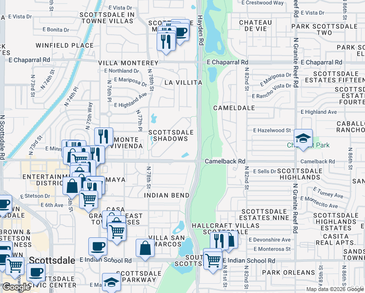 map of restaurants, bars, coffee shops, grocery stores, and more near 7910 East Camelback Road in Scottsdale