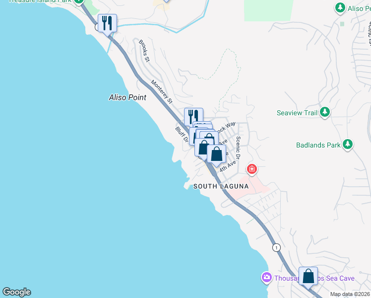 map of restaurants, bars, coffee shops, grocery stores, and more near 31588 Table Rock Drive in Laguna Beach