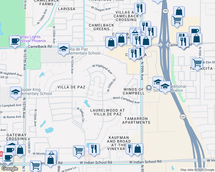 map of restaurants, bars, coffee shops, grocery stores, and more near 4548 North 100th Drive in Phoenix