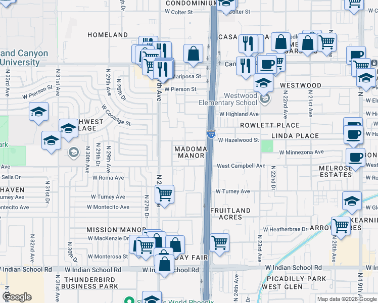 map of restaurants, bars, coffee shops, grocery stores, and more near 2550 West Hazelwood Street in Phoenix