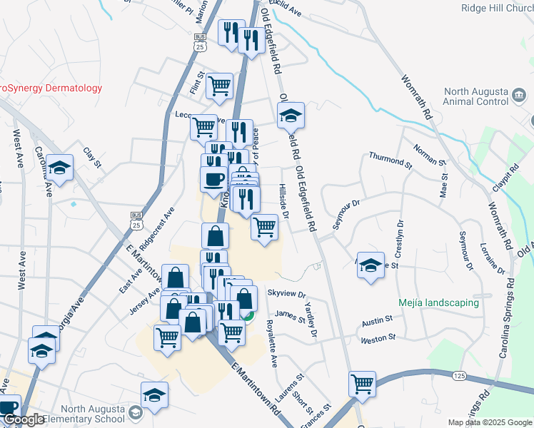 map of restaurants, bars, coffee shops, grocery stores, and more near 411 Julia Avenue in North Augusta