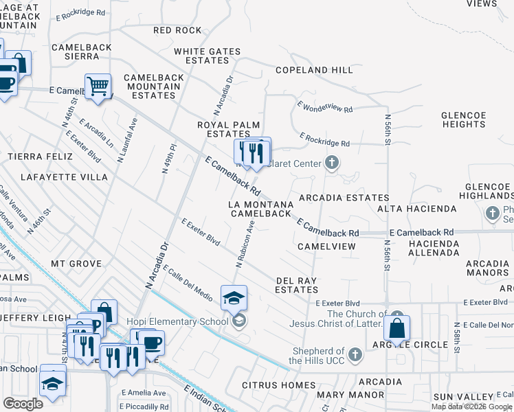 map of restaurants, bars, coffee shops, grocery stores, and more near 5195 East Camelback Road in Phoenix