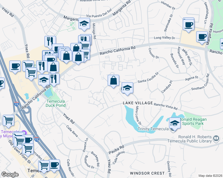 map of restaurants, bars, coffee shops, grocery stores, and more near 29633 Calle Violeta in Temecula