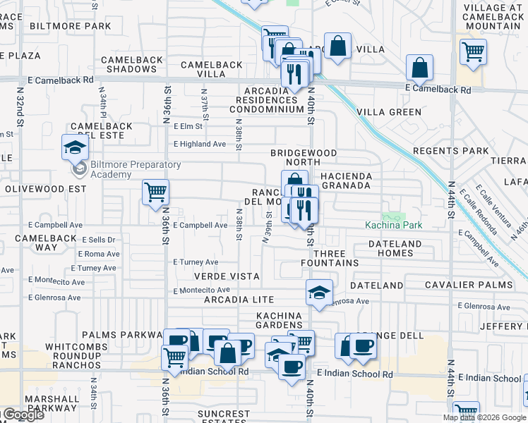 map of restaurants, bars, coffee shops, grocery stores, and more near 4535 North 39th Street in Phoenix
