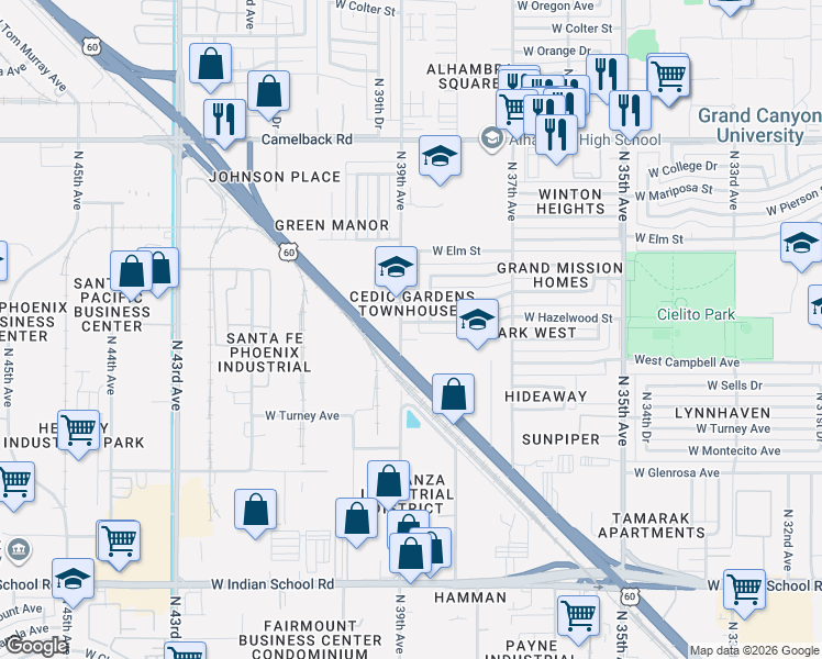 map of restaurants, bars, coffee shops, grocery stores, and more near 4540 West 39th Avenue in Phoenix